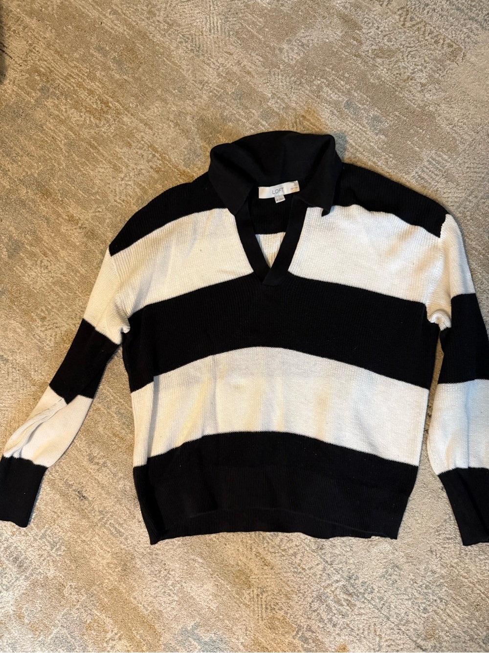 LOFT Black and White Wide-Stripe Collared V-Neck Sweater